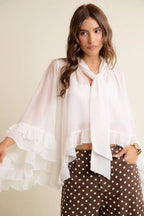SO ME Sheer Ruffle Bell Sleeves Bow Tie Flowy Blouse Top
