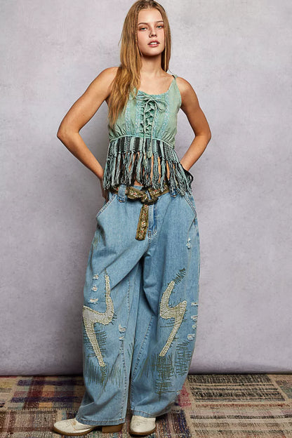 POL Lace-Up Fringe Hem Tank with Lace Detail