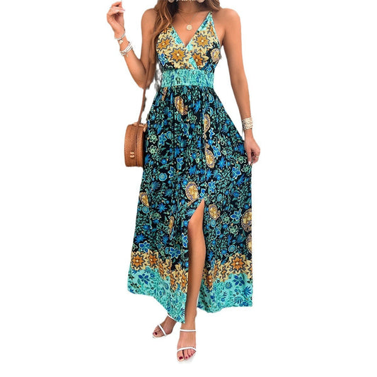European and American spring and summer women's temperament printed suspender dress