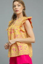 Umgee Printed Ruffle Cap Sleeve Blouse