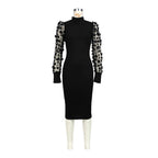 Women Clothing Three Dimensional Petals Mesh Sleeves Rib Fabric One Piece Collar Dress