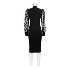 Women Clothing Three Dimensional Petals Mesh Sleeves Rib Fabric One Piece Collar Dress