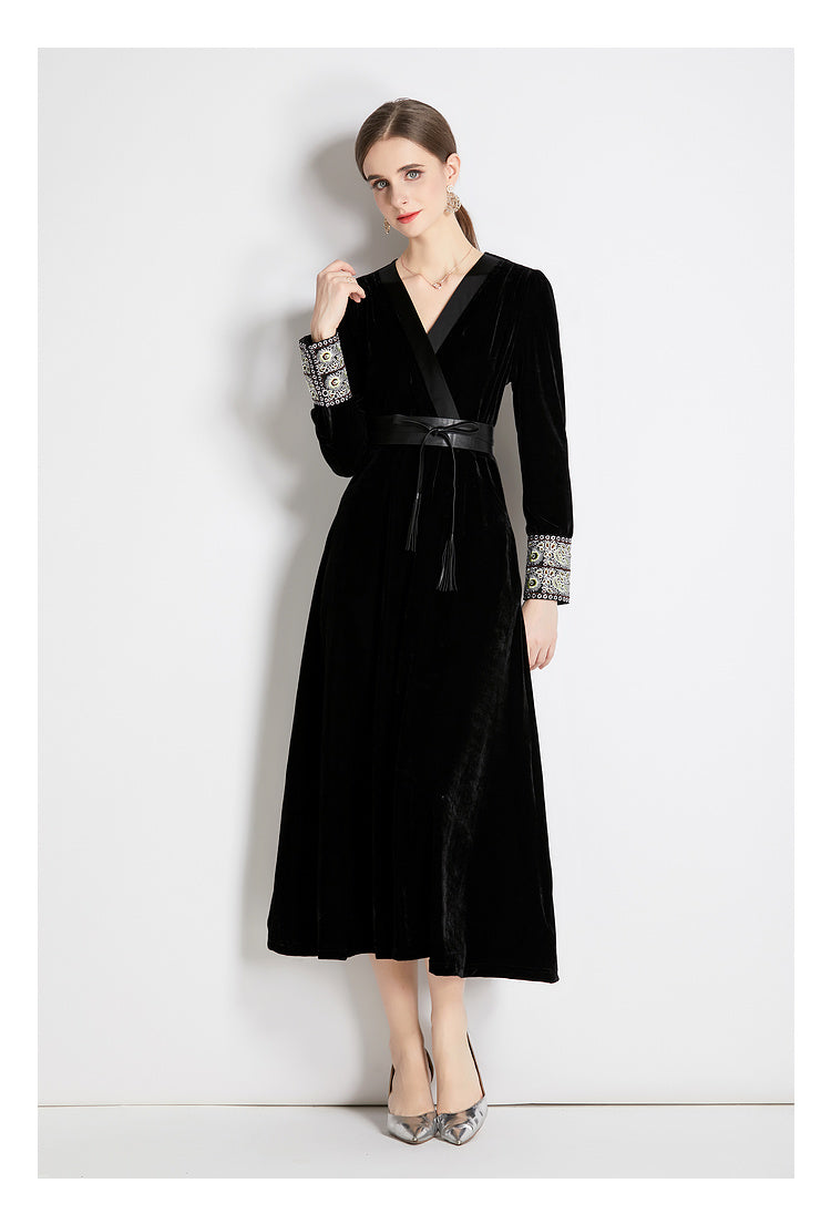 Women Fall Winter Long Sleeve V Neck A Line Midi Dress
