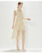 New Heavy Industry Embroidery Lace Lapel Waist Mesh Dress