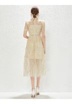 New Heavy Industry Embroidery Lace Lapel Waist Mesh Dress