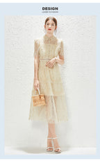 New Heavy Industry Embroidery Lace Lapel Waist Mesh Dress
