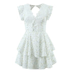 Retro French Ruffles Flounced Sleeve Lace Embroidered Vest Dress Deep V Plunge neck Drawstring Slim Fit Tiered Dress