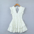 Retro French Ruffles Flounced Sleeve Lace Embroidered Vest Dress Deep V Plunge neck Drawstring Slim Fit Tiered Dress