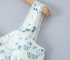Spring Floral Print Lace Trim High Waist Slim Mid Length Sling Dress