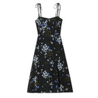 Spring French Vintage Floral Printed High Waist Sexy Side Split Hem Sling Dress