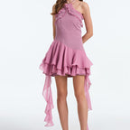 Women Summer Asymmetrical Design Patchwork Chiffon Slim Waist And Neck Dress