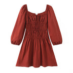 Square Collar Lace Elastic Pleated Waist Tight Ninth Sleeve Spring Slim Fitting Dress
