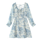 Spring Bird Floral Print Small Square Collar Backless Lace up Long Sleeve Dress