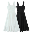 Spring Solid Color Square Collar Bow Embellished Lace Strap Dress
