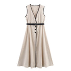 Women Clothing Elegant Slim Fit with Belt Linen Blended Midi Dress