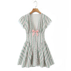 Sweet Romantic Floral Bowknot Decoration Striped Lace V neck Mini Dress Short Dress Women