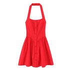French Slim Fit Retro Red Cotton Linen Halter Large Swing Sexy Low Cut Cinched Slimming Dress