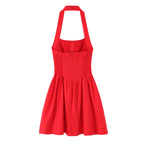 French Slim Fit Retro Red Cotton Linen Halter Large Swing Sexy Low Cut Cinched Slimming Dress