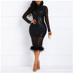 Women Clothing Dress Long Sleeve Turtleneck Midi Dress Tight Waist Bronzing Hip Dress