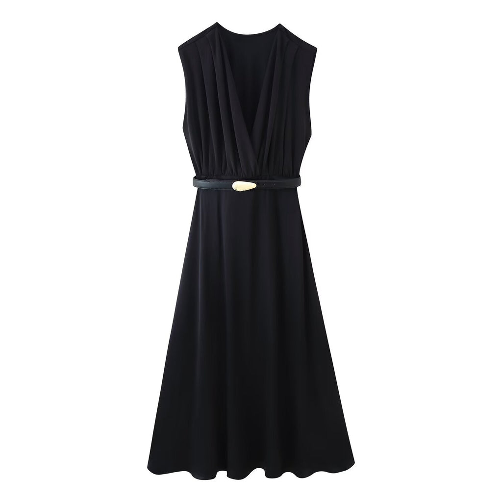 Summer Women Casual Slimming Solid Color V neck with Belt Stitching Midi Dress