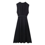 Summer Women Casual Slimming Solid Color V neck with Belt Stitching Midi Dress
