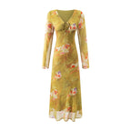 Floral Mid Length Dress Printed Yellow Summer Women Clothing Picture Color Stitching Midi Dress