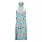Women Clothing Autumn Socialite Artistic Printed Backless Design Halter Dress