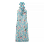 Women Clothing Autumn Socialite Artistic Printed Backless Design Halter Dress