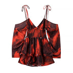 Women Clothing Autumn Short Sexy Wind Backless Design Slimming Lotus Leaf Printed Dress