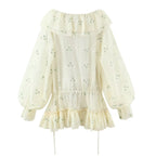Sweet Embroidery Chic Bubble Long Sleeve Short Dress French V neck Vacation