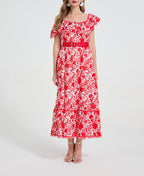 Women Asymmetrical Design Off The Shoulder Spaghetti Strap Ruffled Waist Cinching Figure-Flattering Long Dress With A Wide Flared Hem