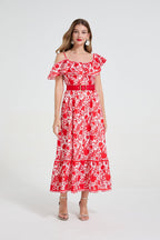 Women Asymmetrical Design Off The Shoulder Spaghetti Strap Ruffled Waist Cinching Figure-Flattering Long Dress With A Wide Flared Hem