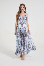 Women Blue And White Porcelain Print Sexy Deep V Strapless Pleated Floor Length Revealing Dress With A Wide Dress