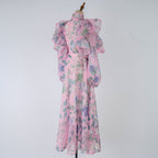 Women Spring Autumn Printed Belt Stand Up Collar Long Sleeved Dress