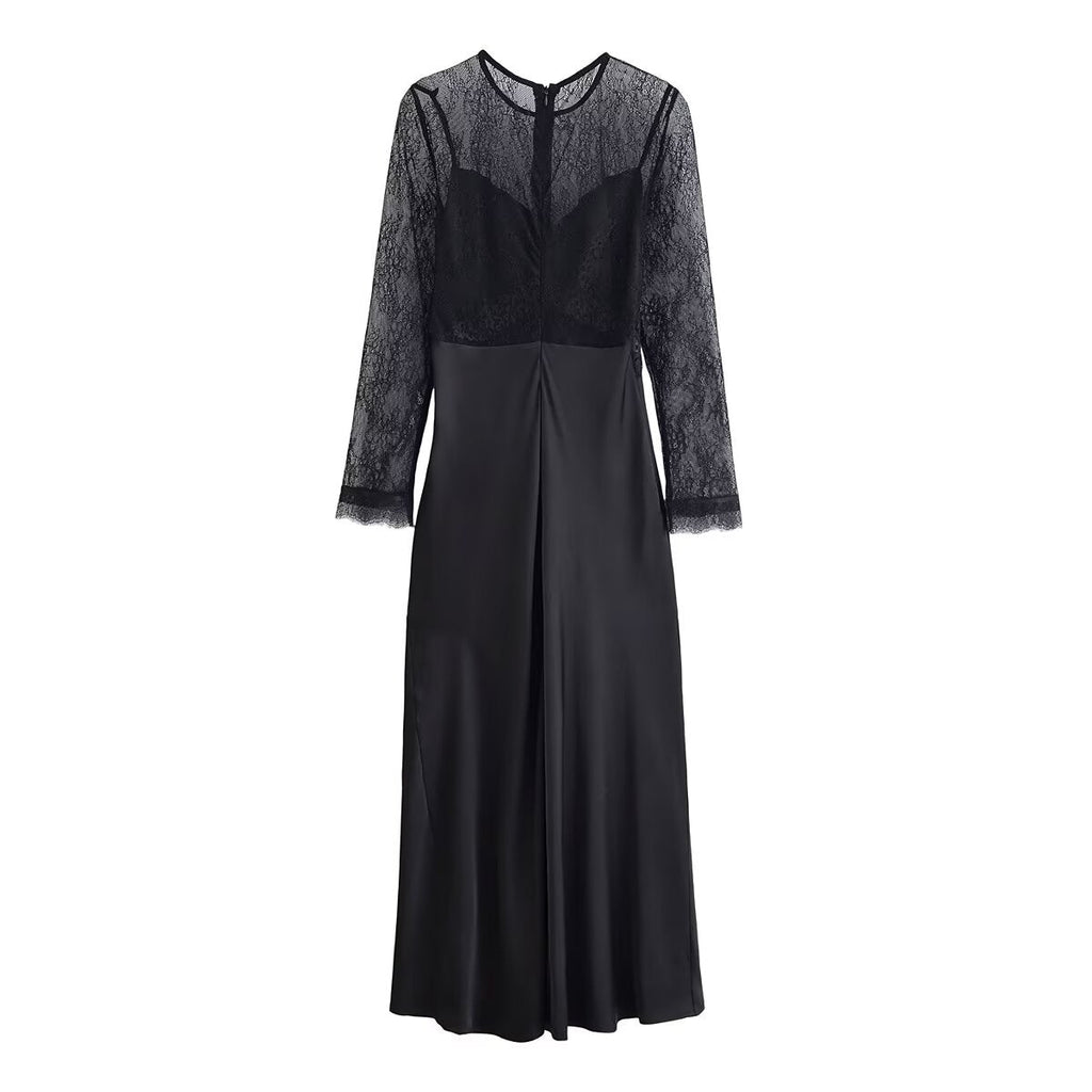Women Clothing Winter Sexy Long Sleeve Lace Stitching Dress