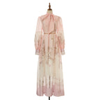 Women Loose Fitting V Neck Lantern Shaped Long Sleeved Wide Skirted Printed Dress