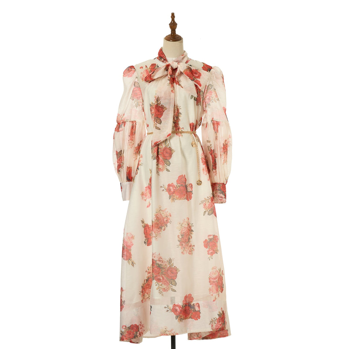 Women Loose Fitting V Neck Lantern Shaped Long Sleeved Wide Skirted Printed Dress