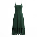 French Waist Tight Green Suspenders Dress for Women Slim Fit Ruffled Retro Slim Fit Holiday Chiffon Maxi Dress
