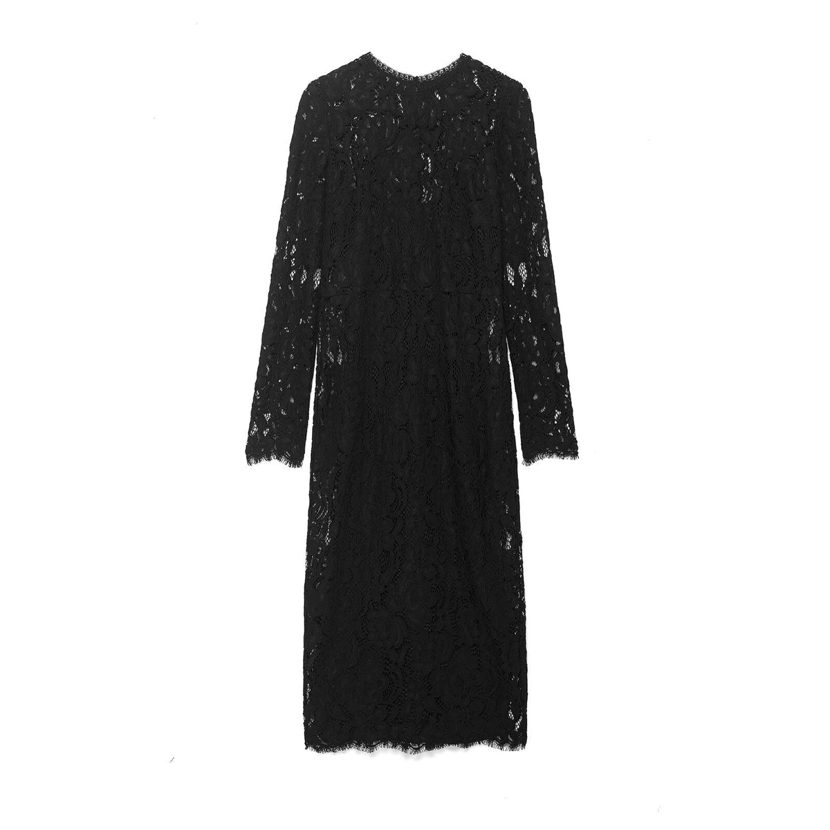 Autumn Women Clothing Fashionable Simple Black Lace Transparent Long Sleeve Dress