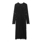 Autumn Women Clothing Fashionable Simple Black Lace Transparent Long Sleeve Dress