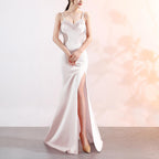 Sling Deep V Plunge Evening Party Dress Long Sexy Slim Fit Slit Nightclub Performance Socialite Evening Dress