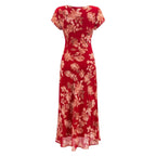 Early Spring Red Bottom Printed Drawstring V neck Short Sleeve Holiday Casual Dress