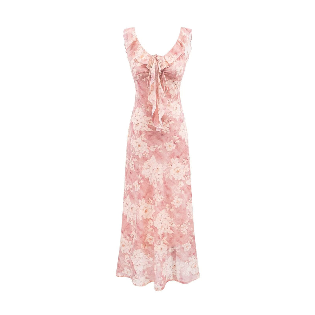 Vintage Ruffled Drawstring Patchwork Slip Dress Pink Rose Sheath Fishtail Midi Dress