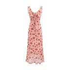 Vintage Ruffled Drawstring Patchwork Slip Dress Pink Rose Sheath Fishtail Midi Dress