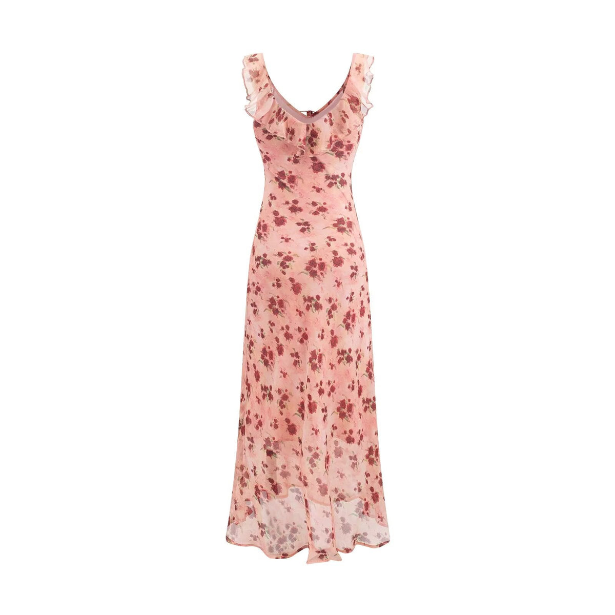 Vintage Ruffled Drawstring Patchwork Slip Dress Pink Rose Sheath Fishtail Midi Dress