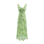 Vintage Ruffled Drawstring Patchwork Slip Dress Pink Rose Sheath Fishtail Midi Dress