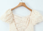 Women Floral Lace up Short Sleeve Dress Spring Summer Sexy Backless Slim Fit Maxi Dress