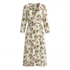 Women Clothing Idyllic Floral Tie Neck Waist Controlled Long Sleeves Stomach Blanket Dress
