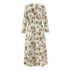 Women Clothing Idyllic Floral Tie Neck Waist Controlled Long Sleeves Stomach Blanket Dress