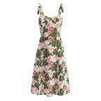 French Floral Printed Sexy Slim Fit Slimming Lace up Bow Suspenders Mid Length Dress